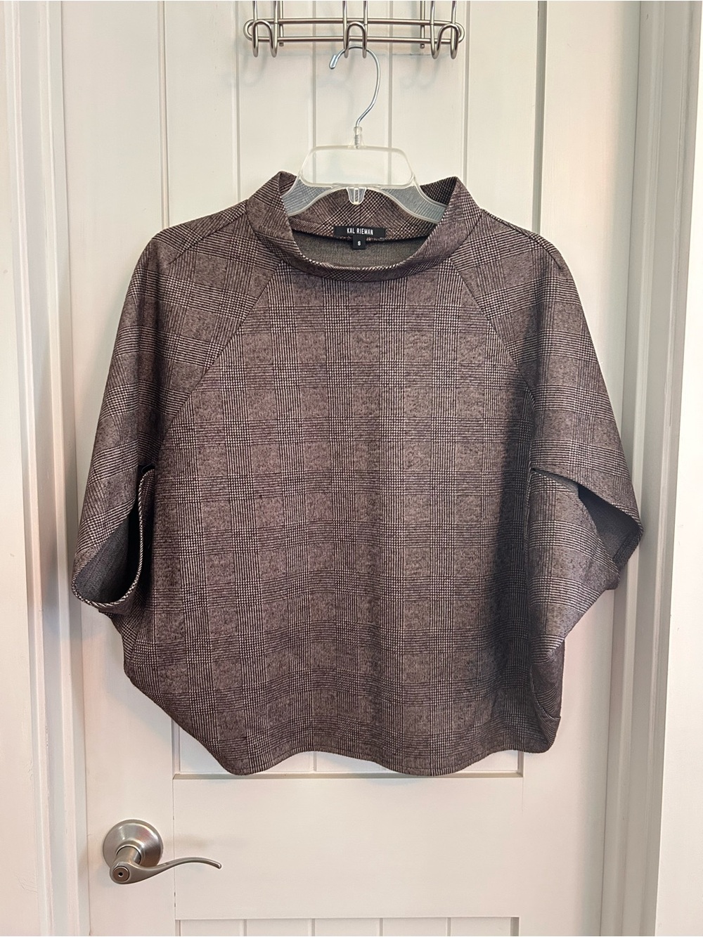 Kal Reiman Brown Plaid Ponte Knit Mock Neck Cape Style Pullover Small